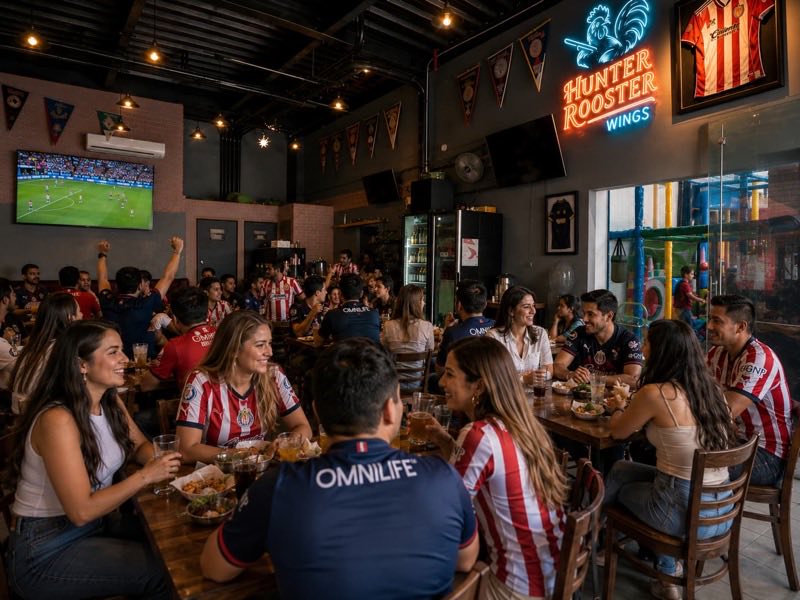 Clientes viendo el partido en un Hunter Rooster Wings